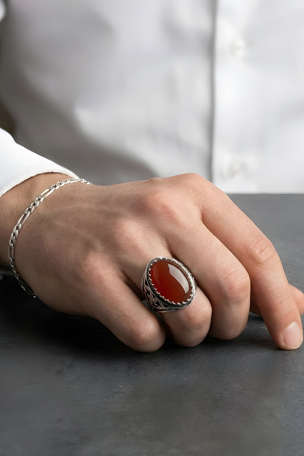 Deyricor Red Agate Silver Ring