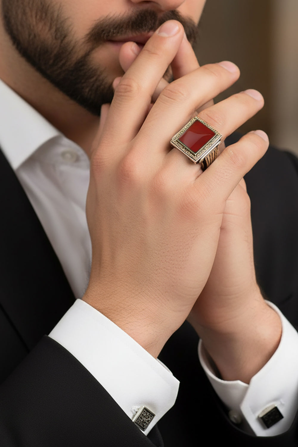 Kyric Red Agate Silver Ring