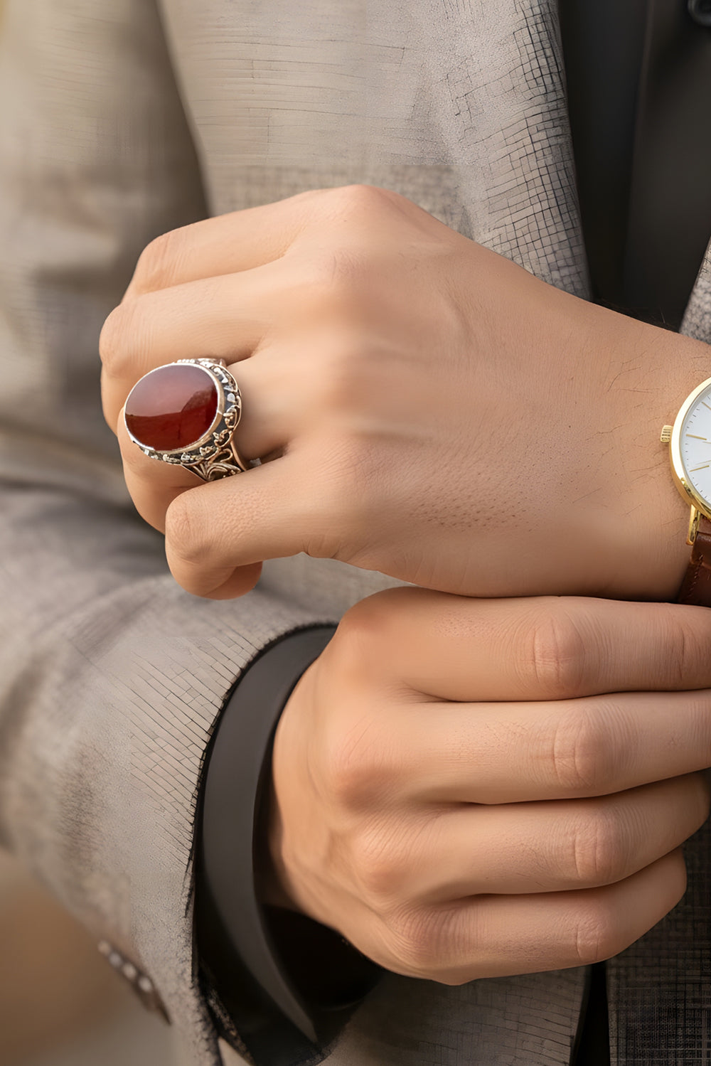 Dorein Red Agate Silver Ring