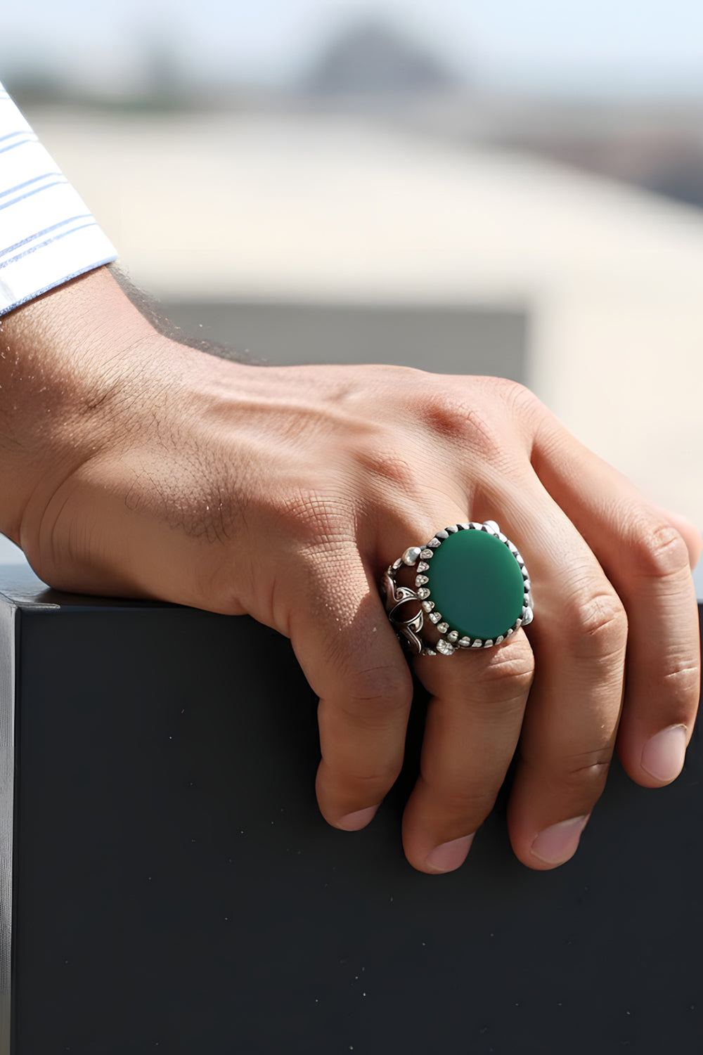 Novricx Green Agate Silver Ring