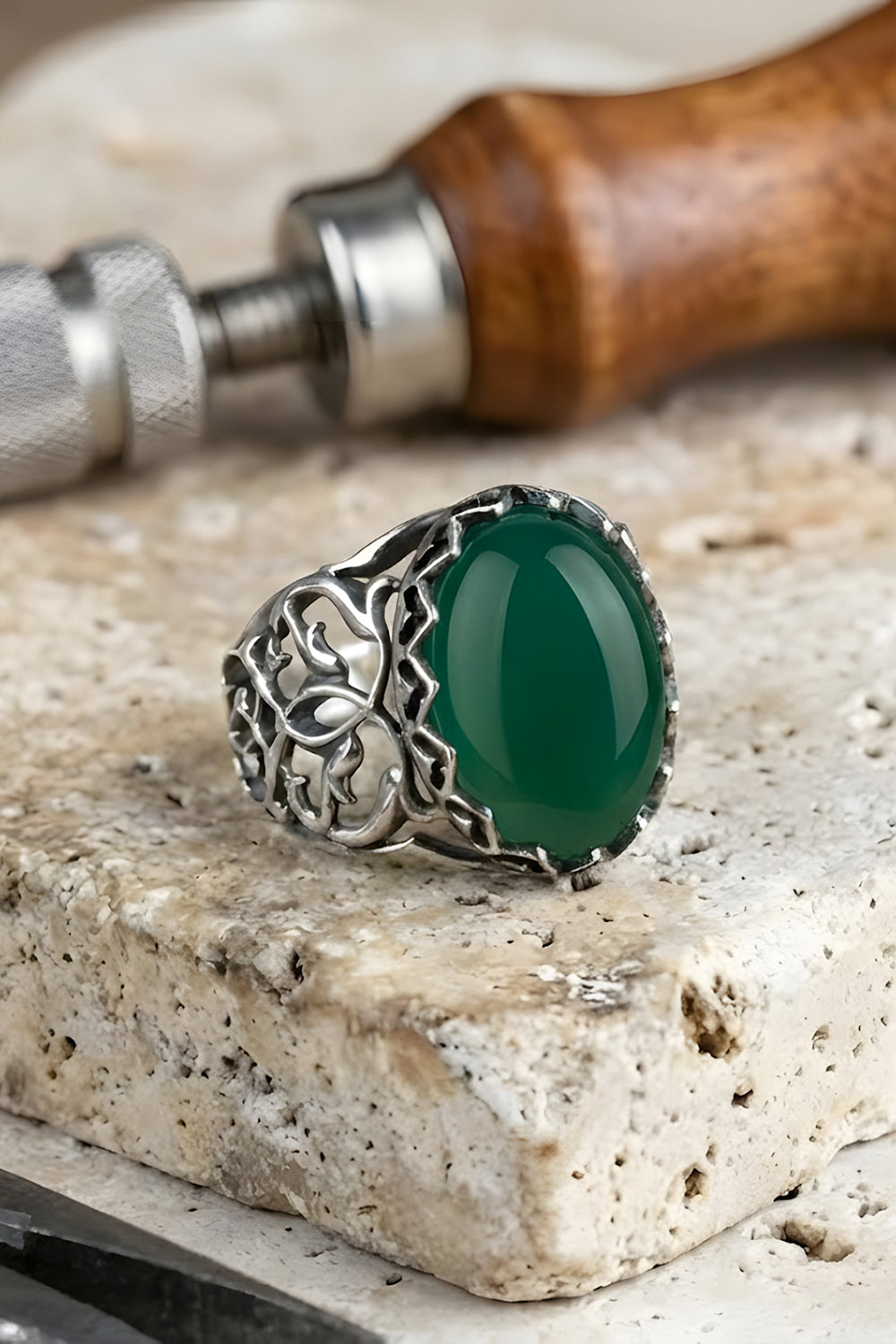 Corvric Green Agate Silver Ring