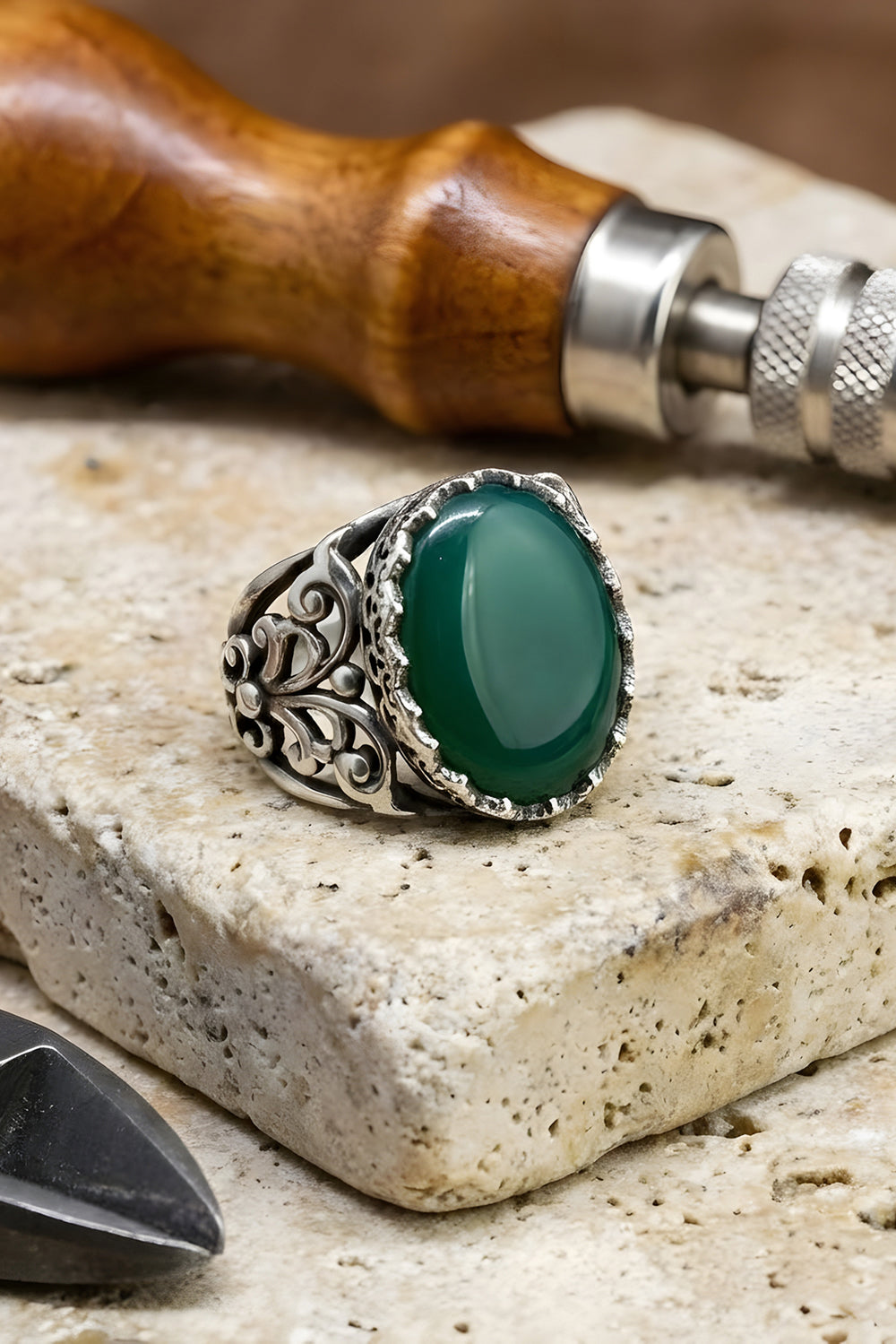 Lioric Green Agate Silver Ring