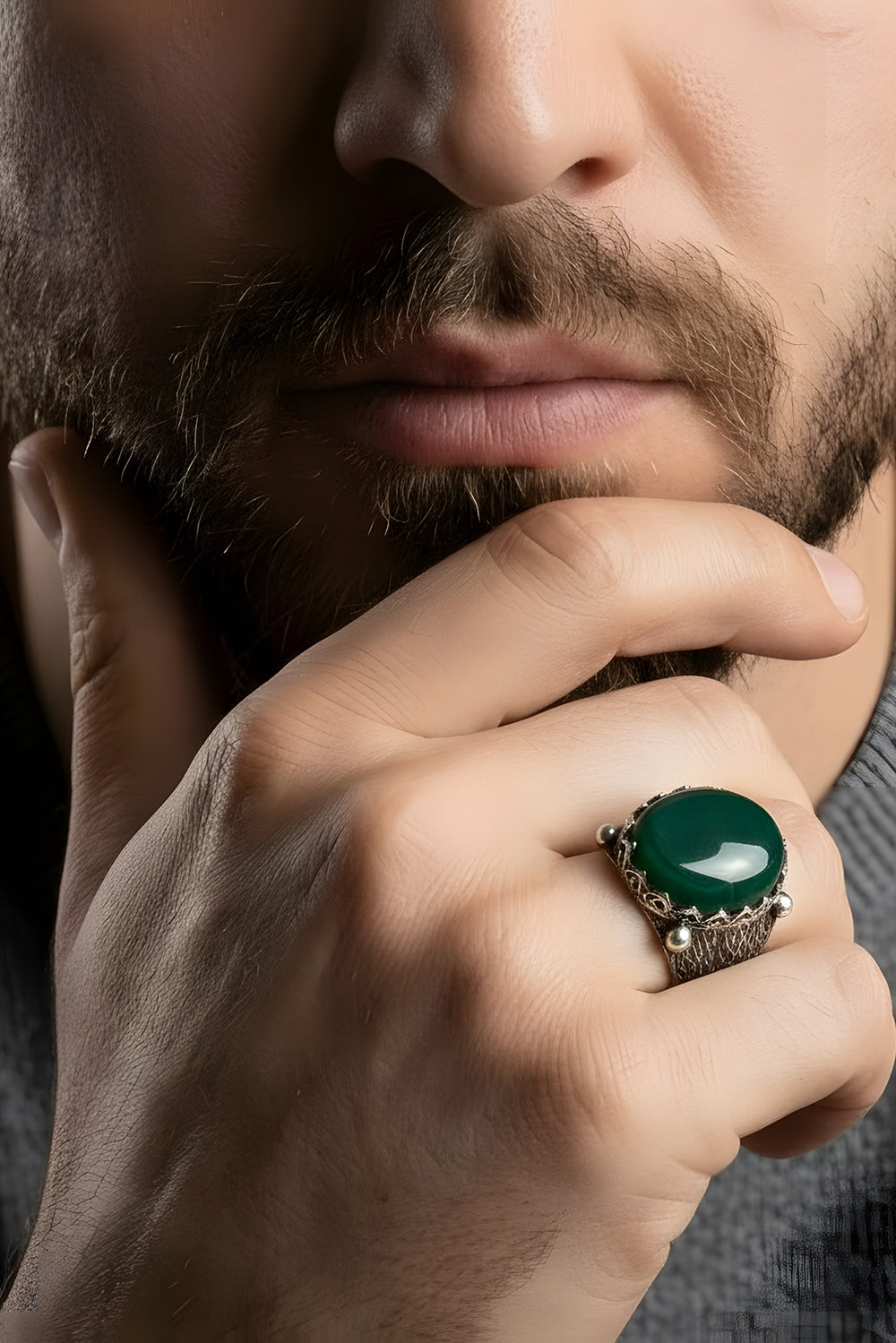 Norvric Green Agate Silver Ring