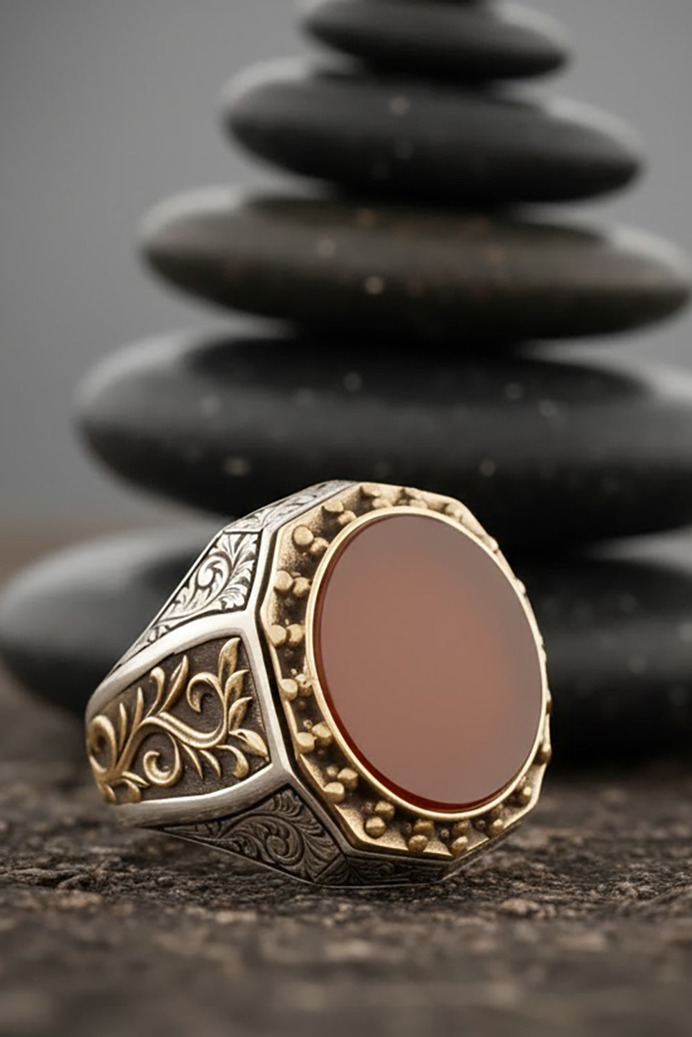 Drelin Red Agate Silver Ring