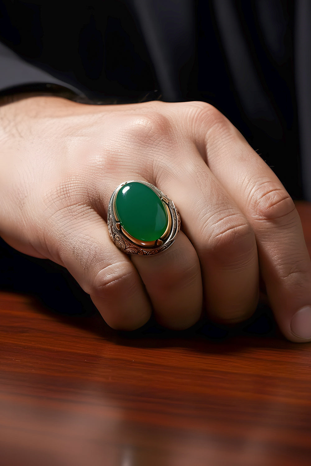 Alricx Green Agate Silver Ring